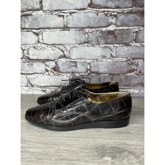 Joan & David Brown Aligator Embossed Leather Lace Oxfords Women Sz 8.5M US/39EU - Picture 1 of 16